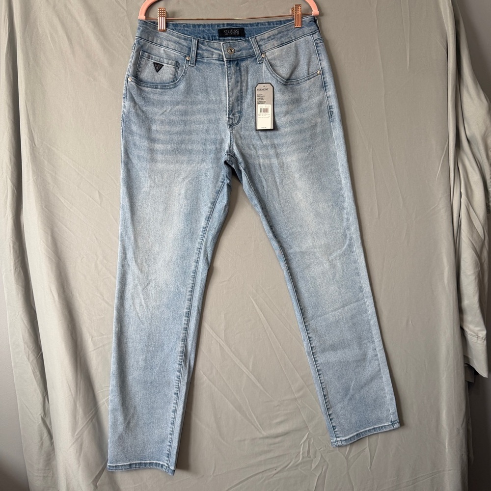 Guess Mens Vermont Slim Fit Denim Jeans Size 32 Blue Light Wash Logo Low Rise